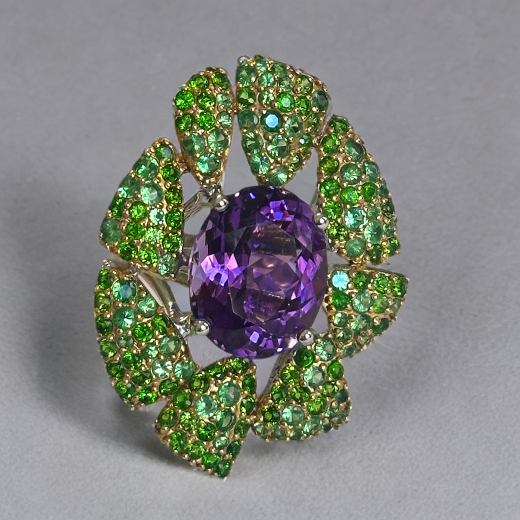 Silver Flower Ring with an Amethyst and Tsavorite Garnets