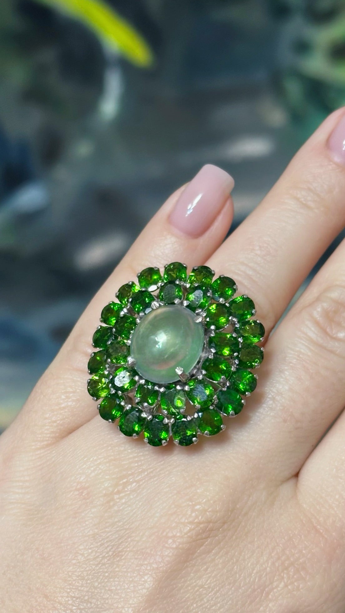 sterling silver ring with chrome diopsides and prehnite