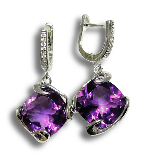 English lock sterling Silver Earrings with natural Amethysts and Zircons