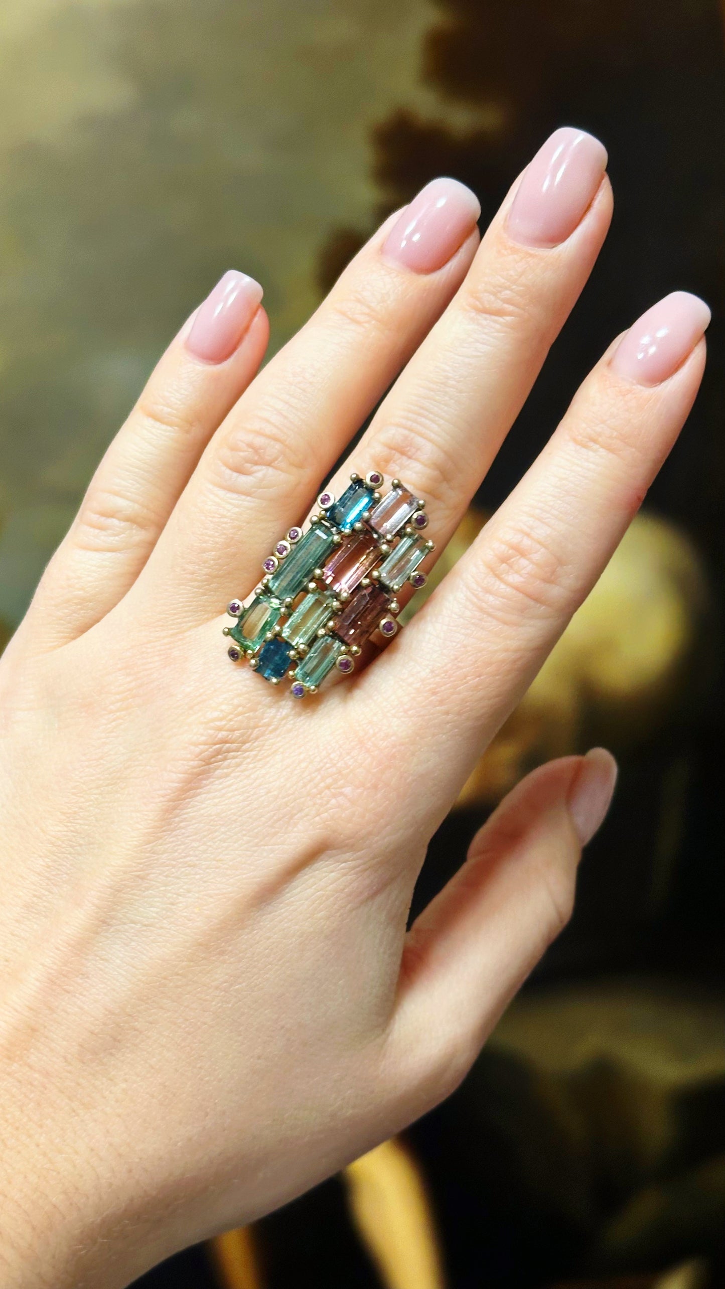 Silver Ring with Tourmalines and Rhodolite Garnets