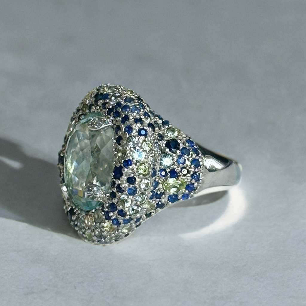 Silver Ring with Aquamarine and Multicoloured Sapphires