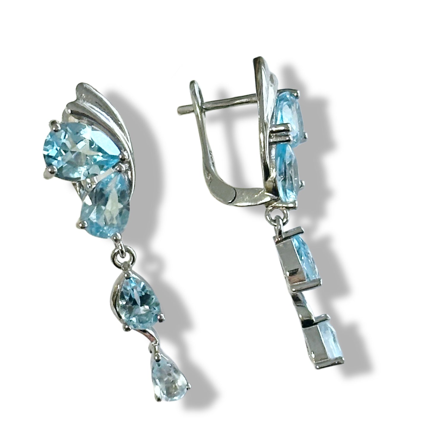 Butterfly wing Sterling silver English lock earrings with natural blue topazes