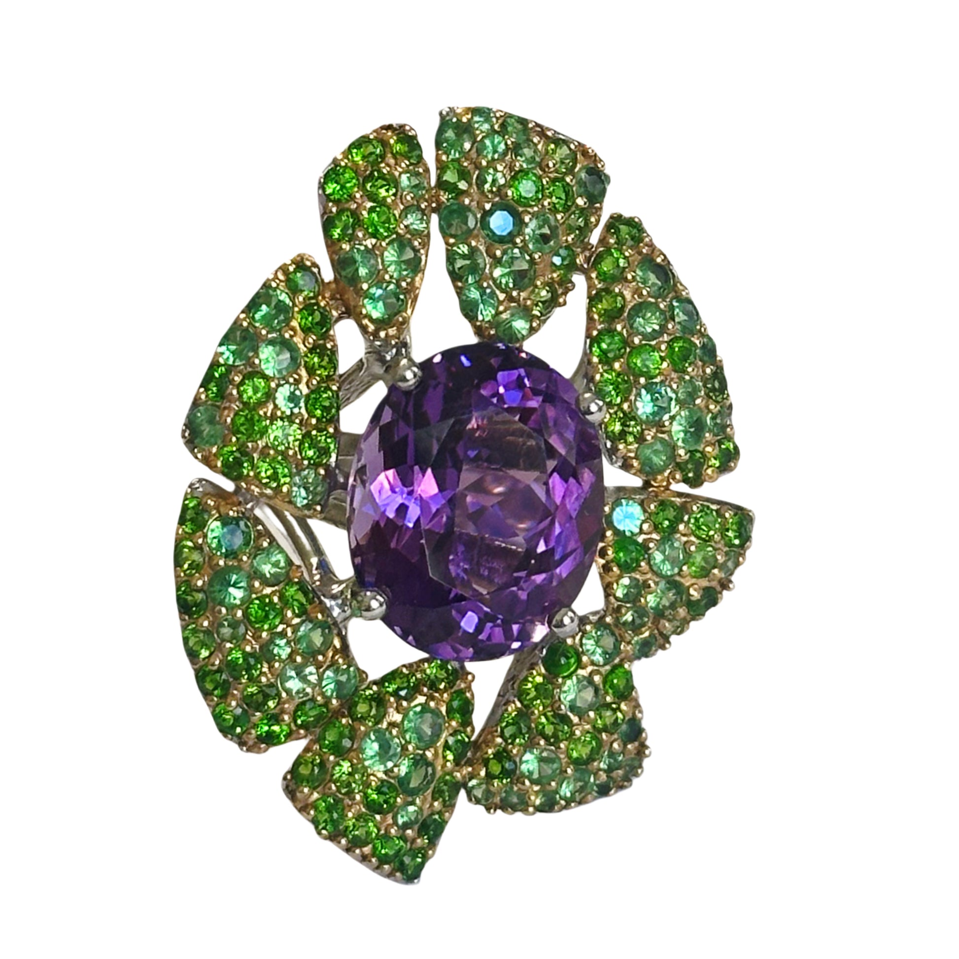 sterling silver ring with amethyst and green garnets