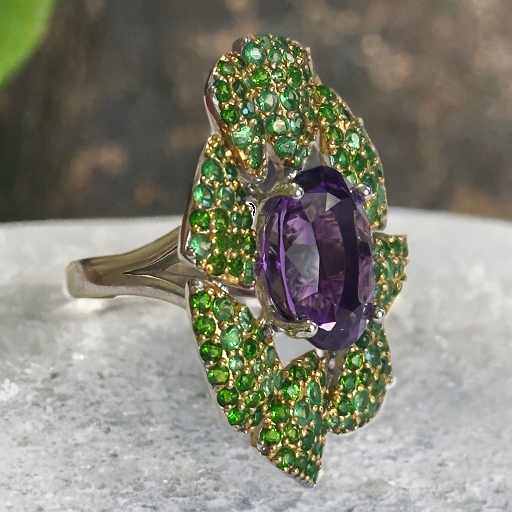 sterling silver ring with amethyst and green garnets