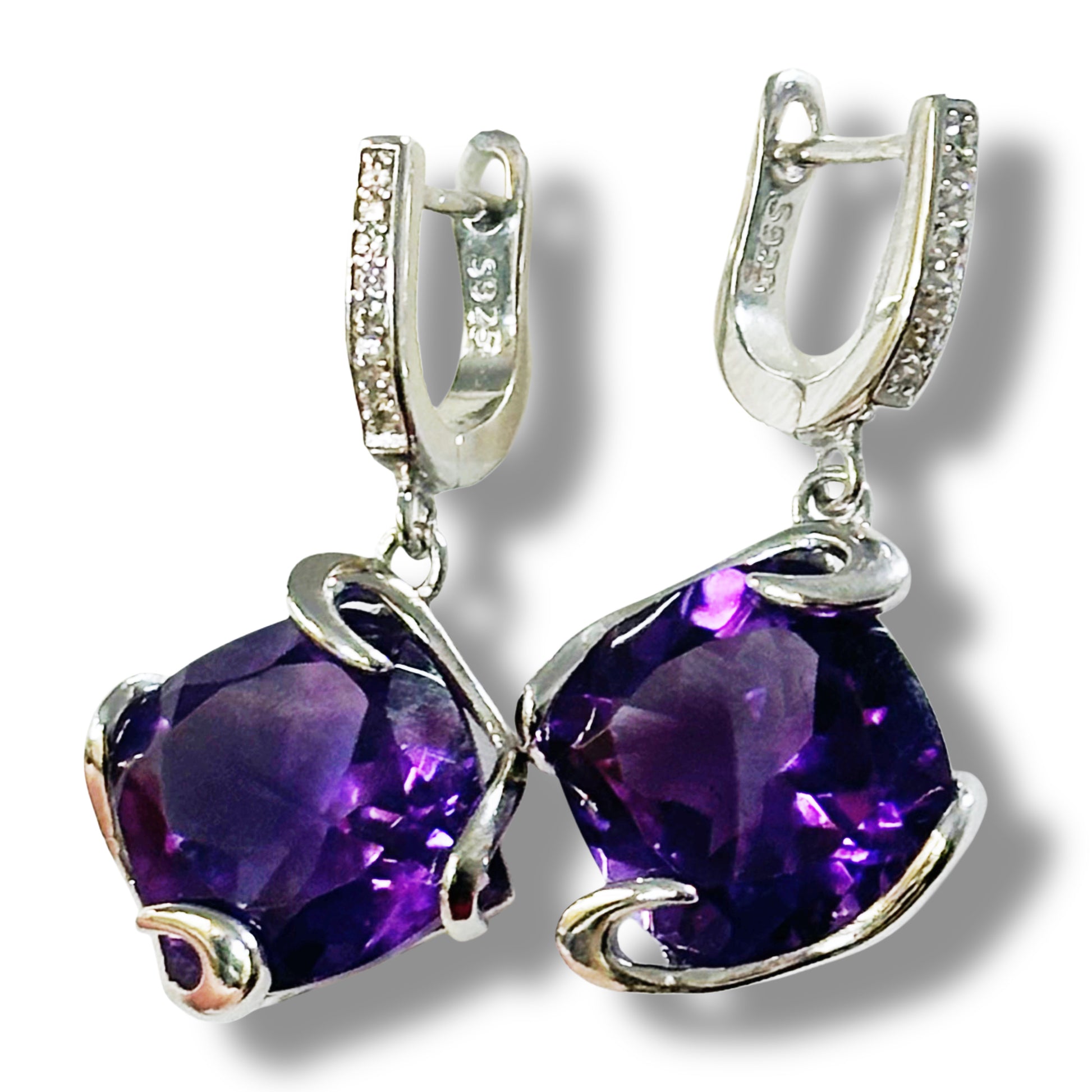 English lock sterling Silver Earrings with natural Amethysts and Zircons