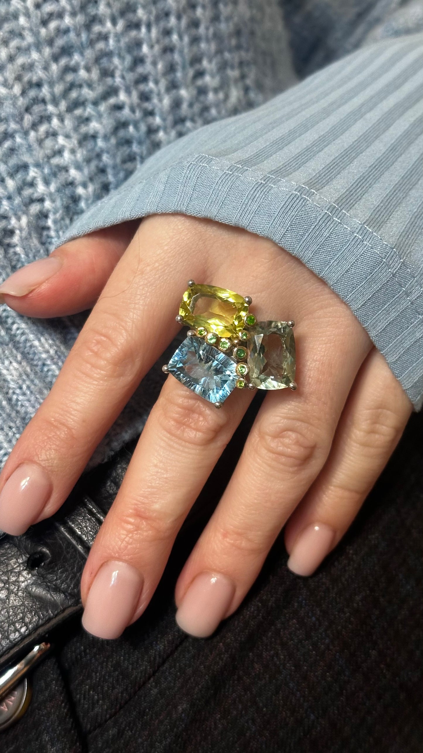 Silver Ring with Blue Topaz, Prasiolite, Lemon Citrine and Green Garnets