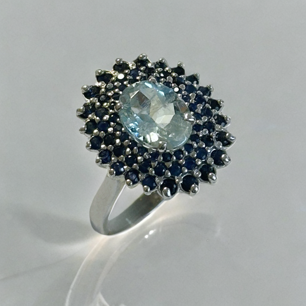 Sterling silver ring with aquamarine and blue sapphires