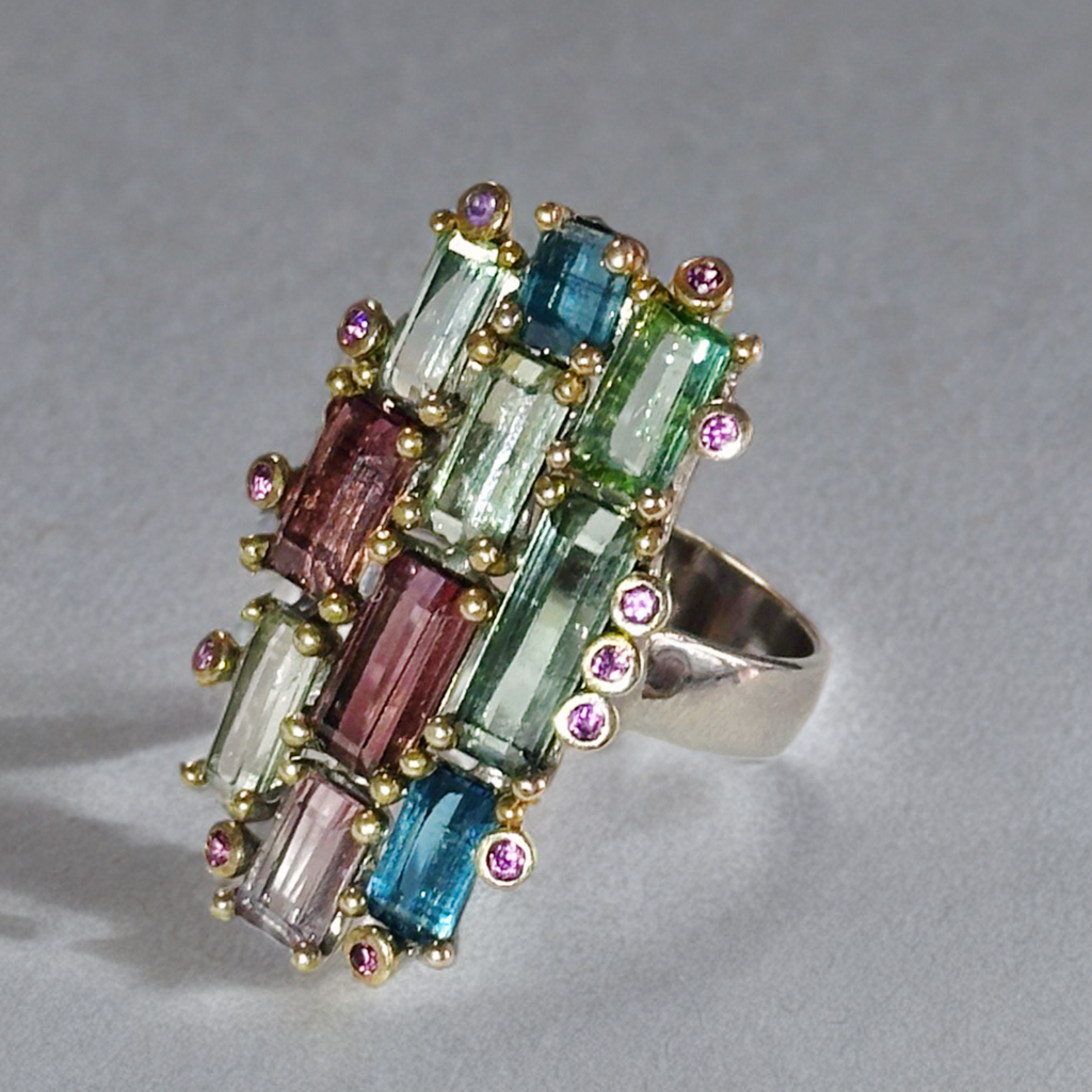 Silver Ring with Tourmalines and Rhodolite Garnets