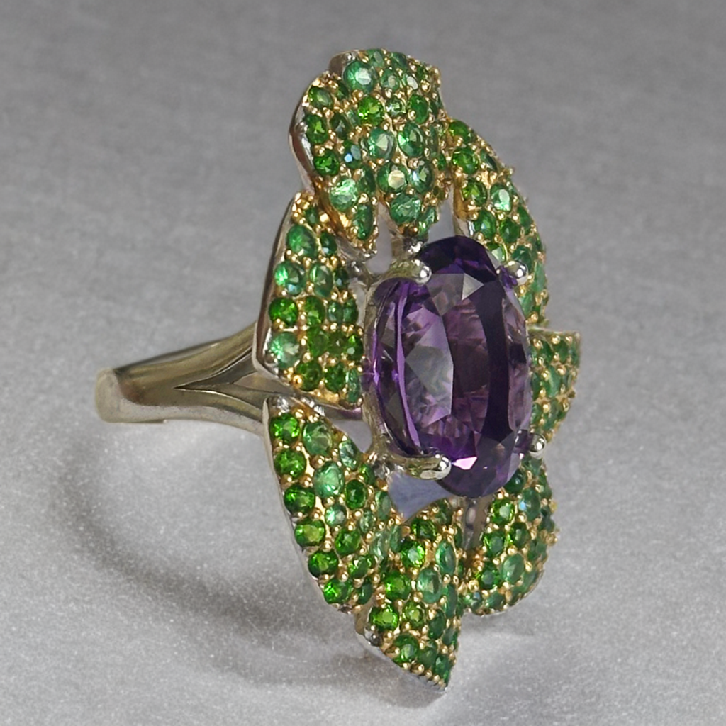 Silver Flower Ring with an Amethyst and Tsavorite Garnets