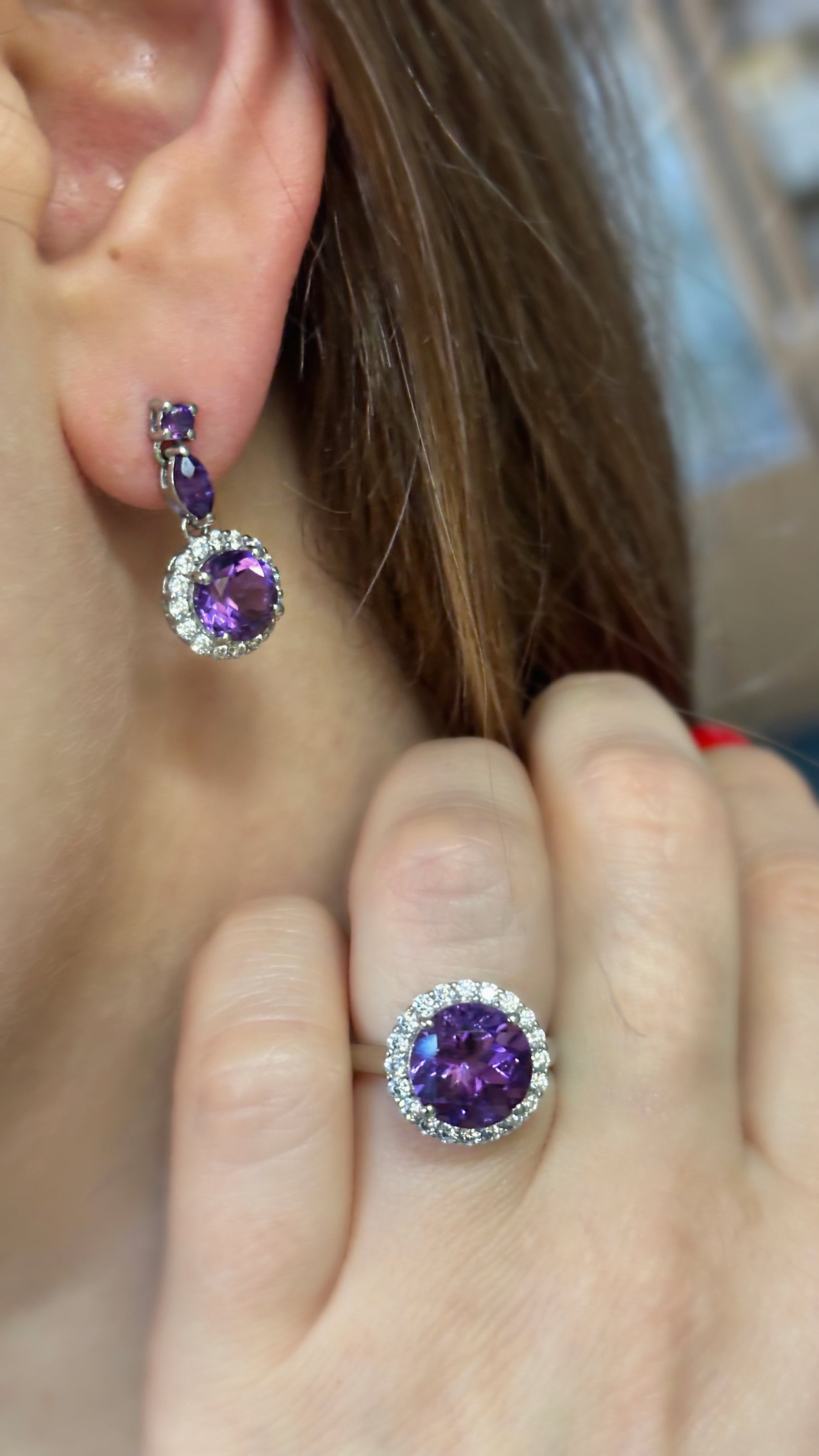 Dainty sterling silver earrings and a ring with amethysts and zircons