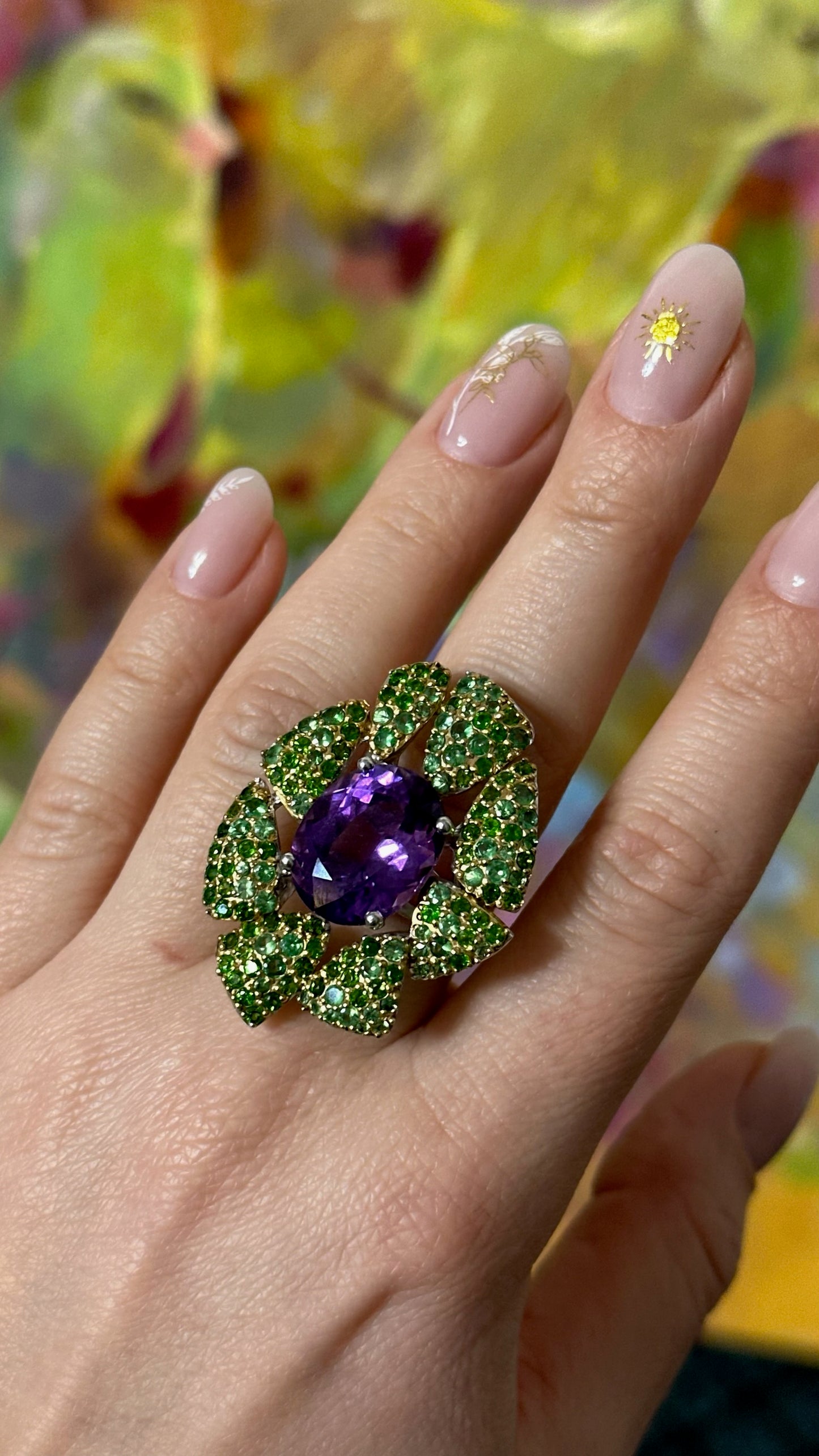 sterling silver ring with amethyst and green garnets