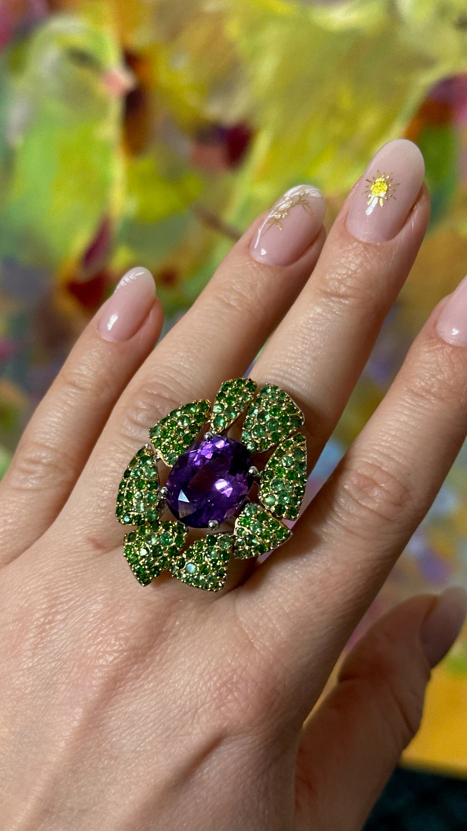 sterling silver ring with amethyst and green garnets