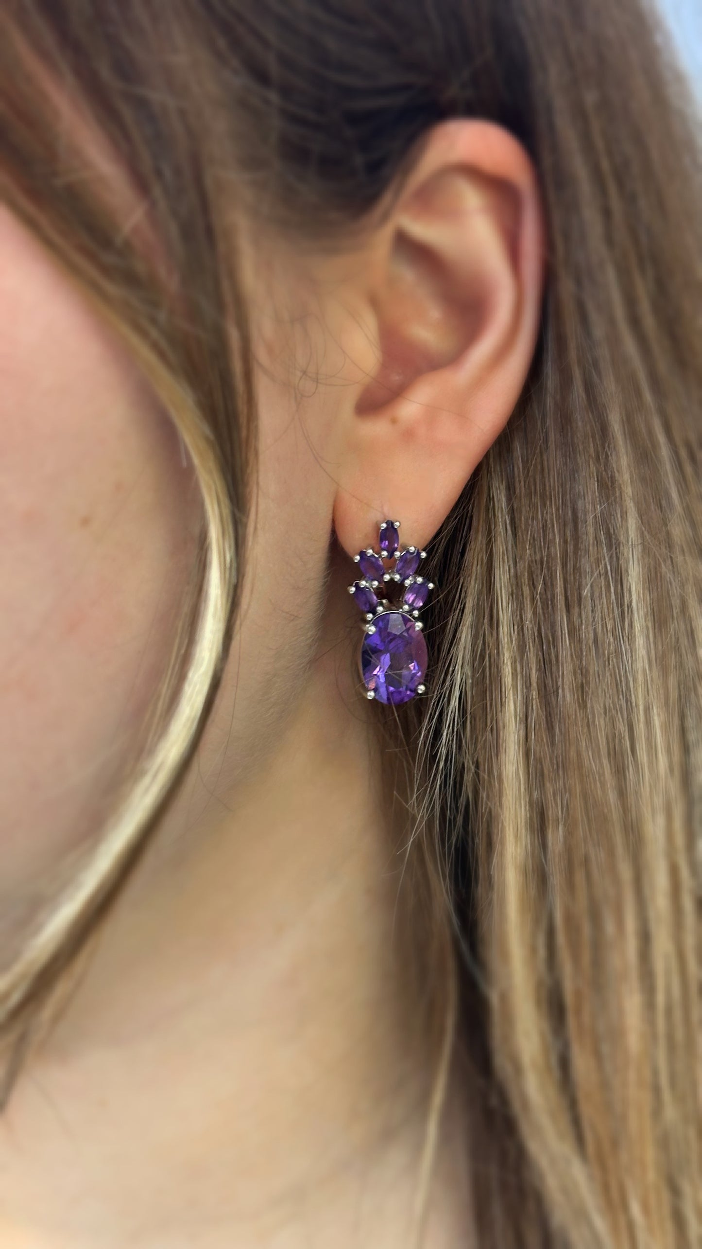 sterling silver earrings and a ring with amethysts, purple gemstone earrings and a ring
