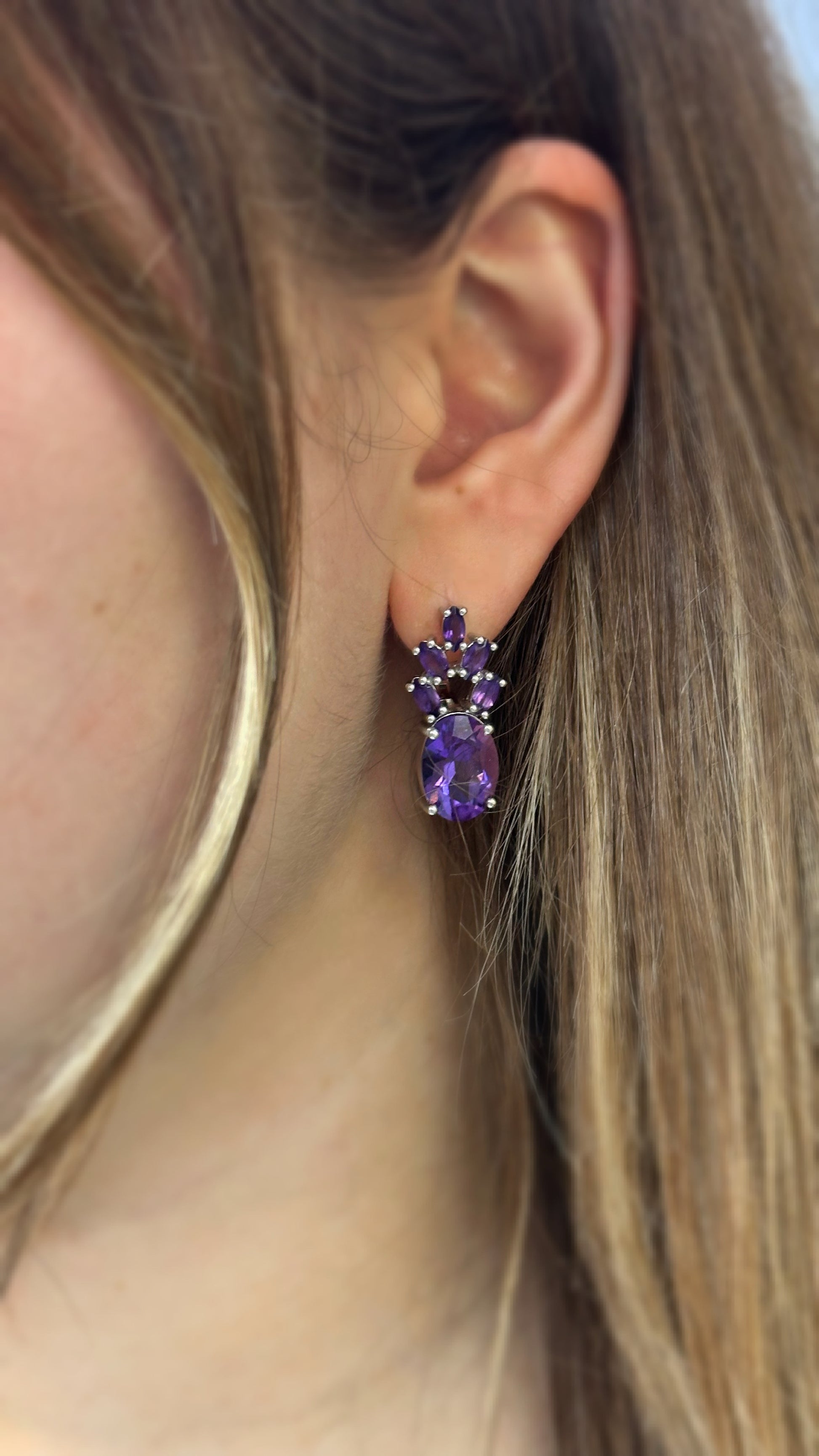 sterling silver earrings and a ring with amethysts, purple gemstone earrings and a ring
