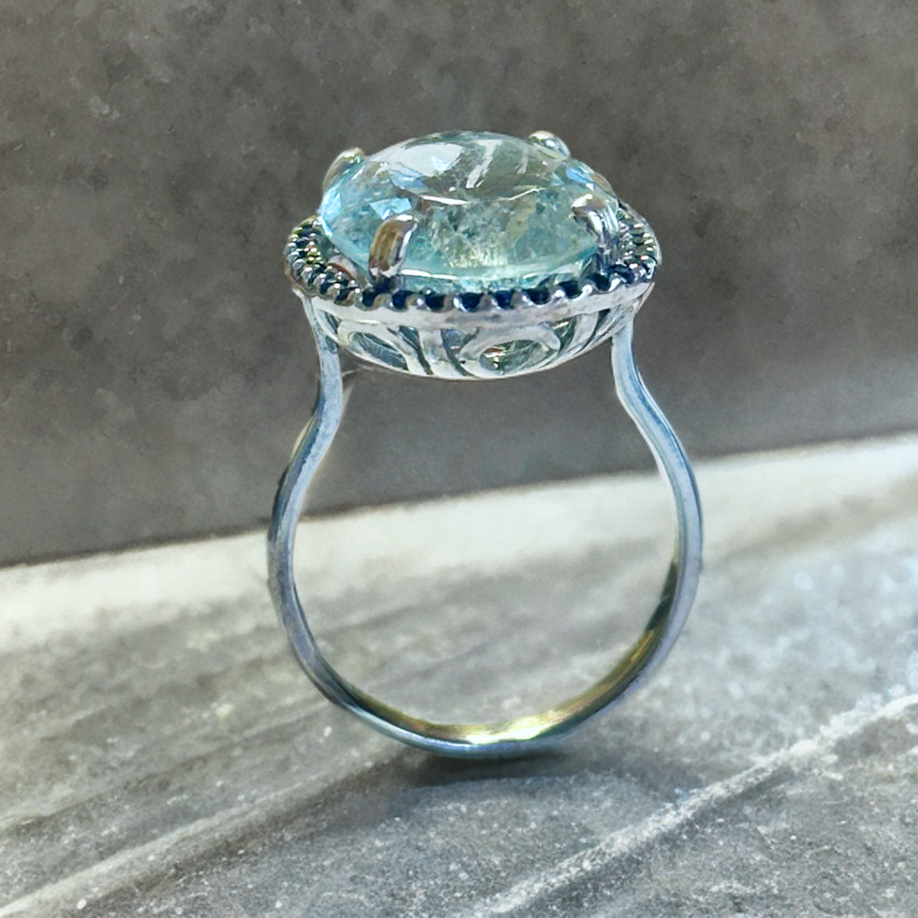 Silver Ring with Aquamarine and Blue Sapphires