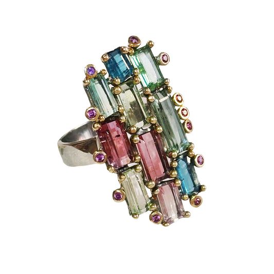 Tourmaline & Rhodolite Garnet Statement Ring in Sterling Silver