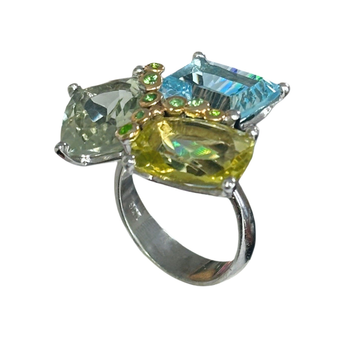 Silver Ring with Blue Topaz, Prasiolite, Lemon Citrine and Green Garnets