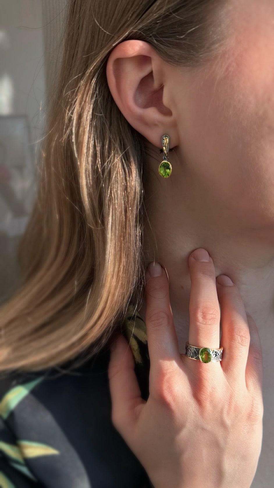 silver earrings with chrysolites, peridots