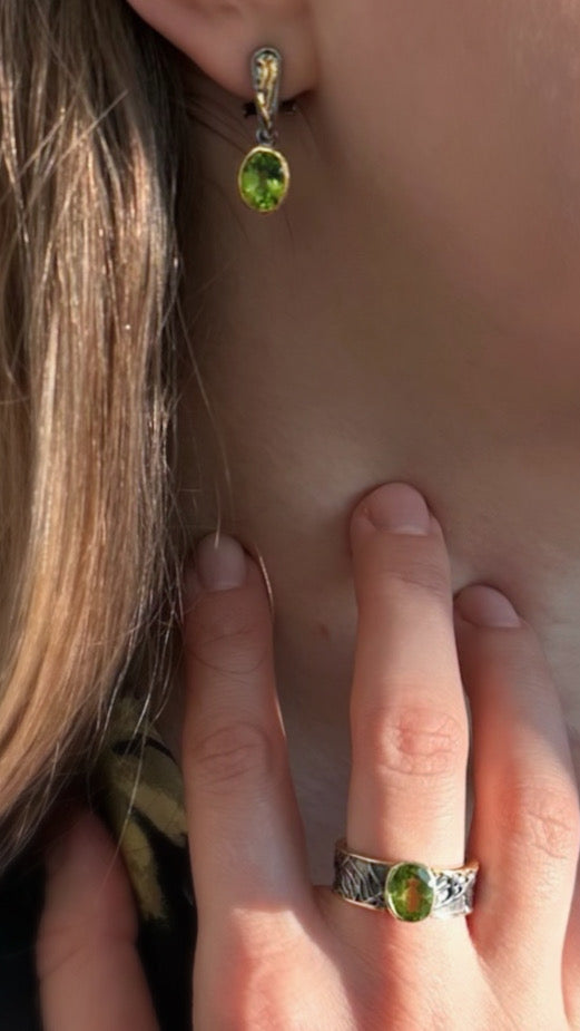 silver earrings with chrysolites, peridots