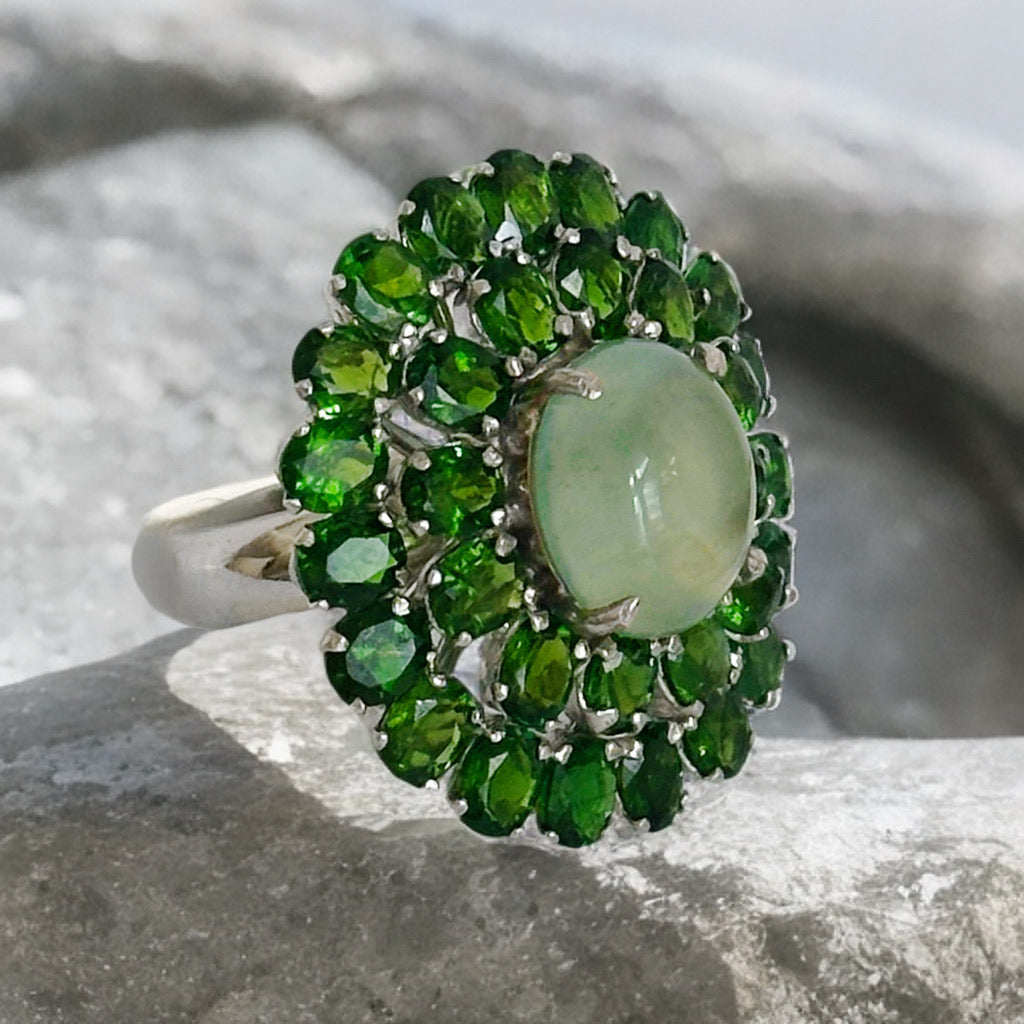 Silver Ring with Chrome Diopsides and Prehnite