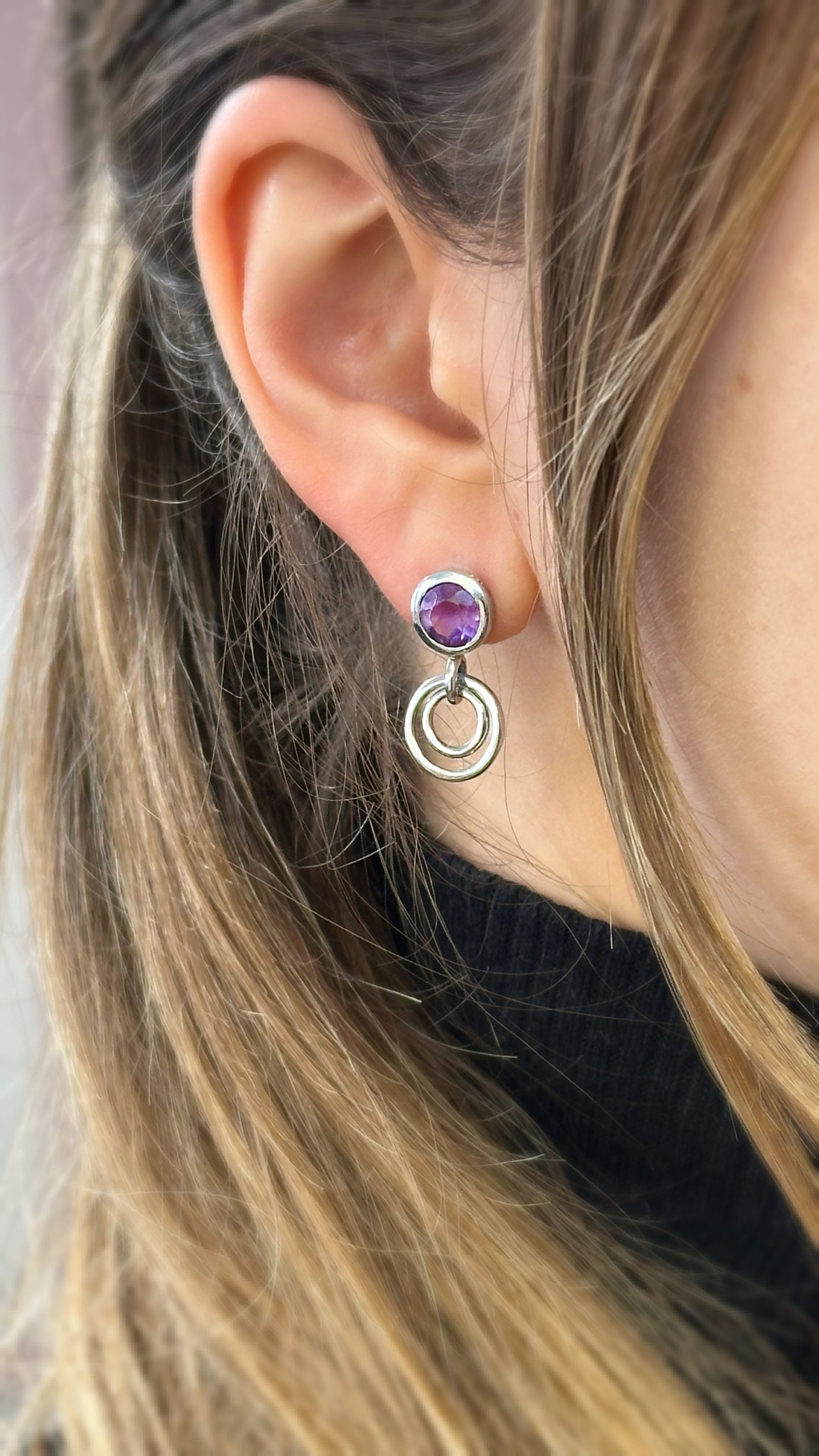 Geometric sterling silver stud earrings with amethysts