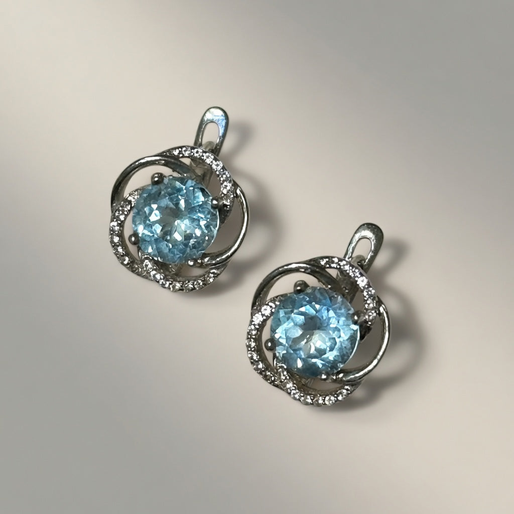Silver Earrings with Blue Topazes and Zircons