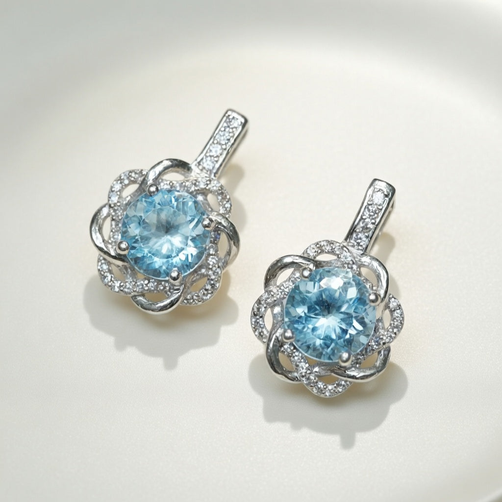 Silver Earrings with Blue Topazes and Zircons