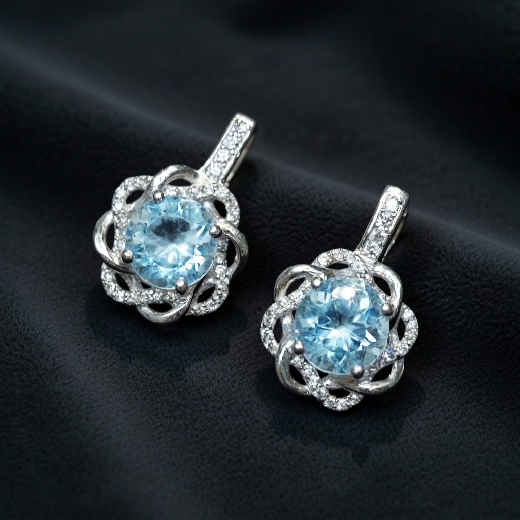 Silver Earrings with Blue Topazes and Zircons