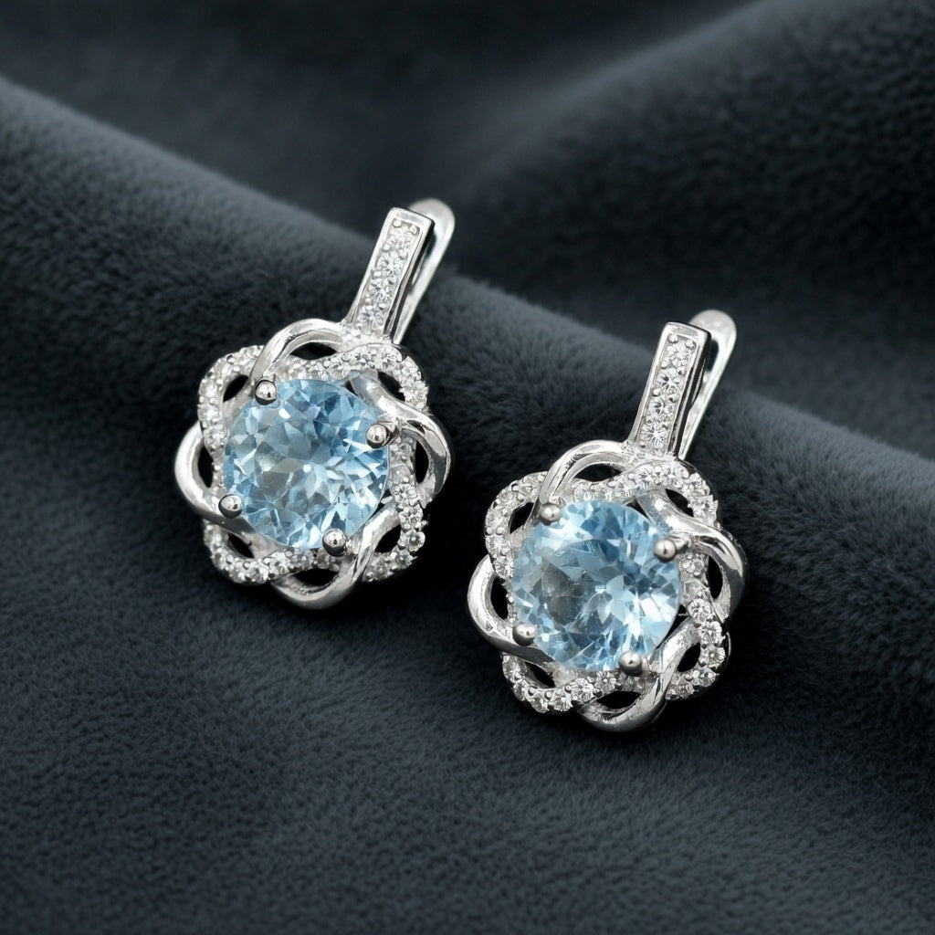 Silver Earrings with Blue Topazes and Zircons
