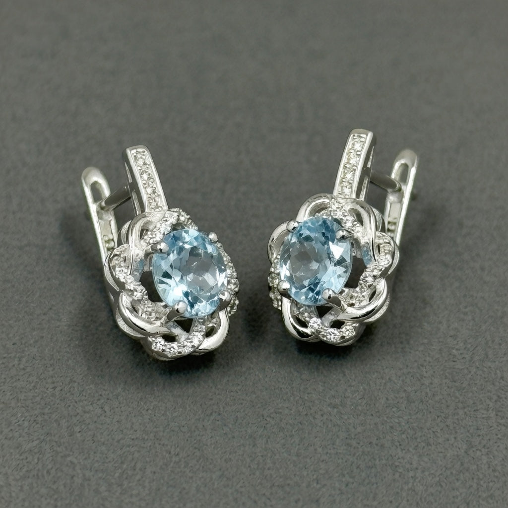 Silver Earrings with Blue Topazes and Zircons