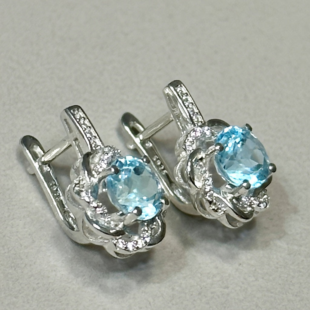 Silver Earrings with Blue Topazes and Zircons