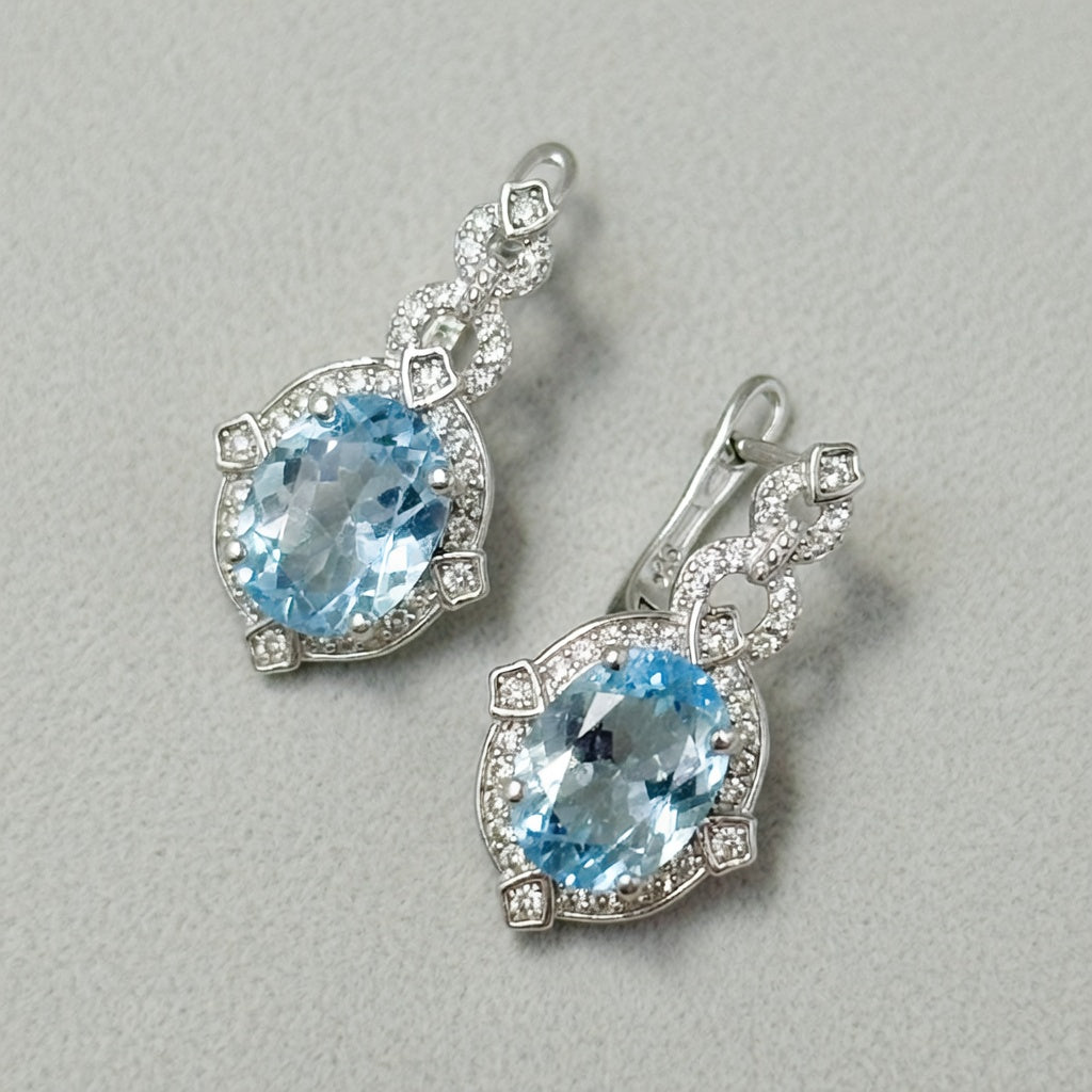 Silver Earrings with Blue Topazes and Zircons