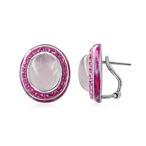 A pair of silver earrings with rose quartz and SWAROVSKI crystals, featuring a circular design with the gemstones at the center and pink crystals around the edge, attached to silver omega clips.