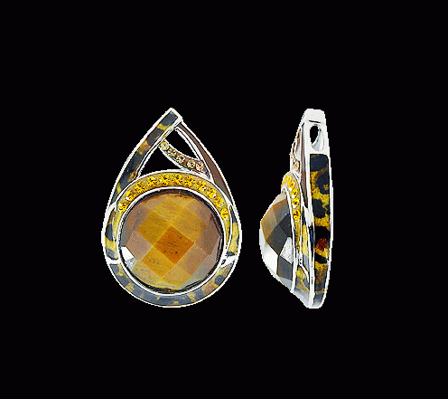 A teardrop-shaped silver pendant featuring a  Tiger's Eye gemstone with SWAROVSKI crystals around the perimeter, set against a white rhodium plating with leopard enamel accents.